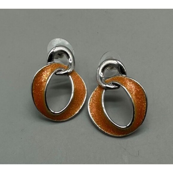 3/$30 Oval Link Earrings Orange Enamel Silver Tone Pierced Statement Shimmer 1" - Picture 1 of 9